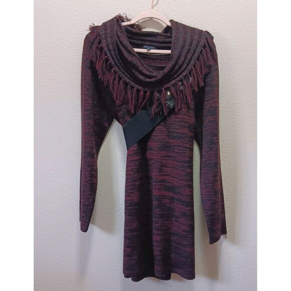 Notations Sweater Dress XLarge Cowl Neck Fringe Belted Purple - Picture 1 of 16